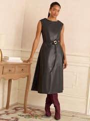 Love & Roses Black Petite Faux Leather Boat Neck Trim Belted Midi Dress - Image 4 of 4