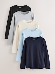 Blue/Navy/Cream/Grey Long Sleeve Crew Neck T-Shirts 5 Pack - Image 1 of 8