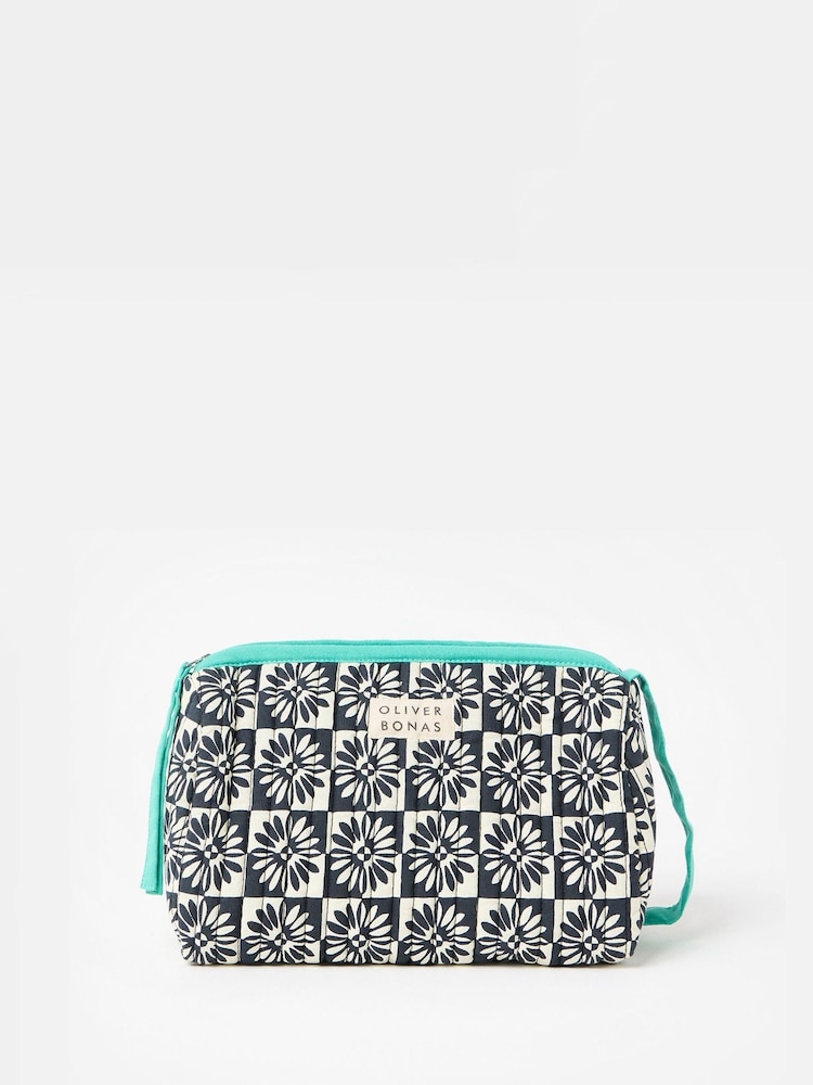 Oliver Bonas Black Daisy Chequerboard Quilted Wash Bag - Image 1 of 5