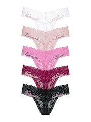 Victoria's Secret White/Pink/Black Script Thong 5 Pack Knickers - Image 1 of 1
