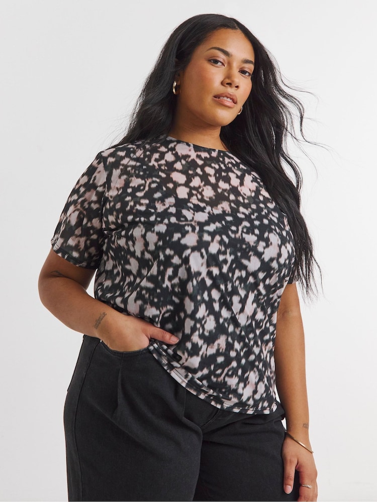 Simply Be Black Printed Mesh Relaxed Fit T-Shirt - Image 1 of 4