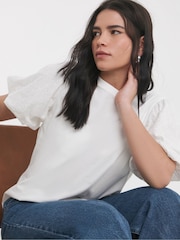 Simply Be White Broderie Puff Sleeve 100% Cotton T-Shirt - Image 1 of 4
