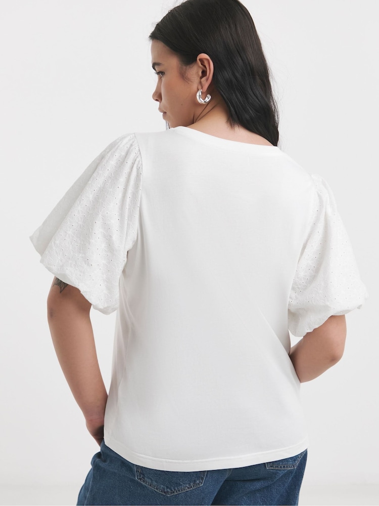 Simply Be White Broderie Puff Sleeve 100% Cotton T-Shirt - Image 2 of 4