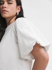 Simply Be White Broderie Puff Sleeve 100% Cotton T-Shirt - Image 3 of 4