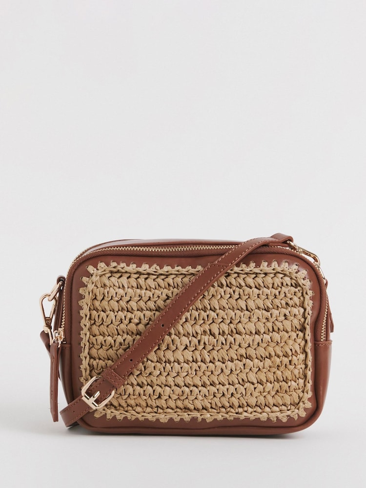 JD Williams Natural Tan Raffia Contrast Camera Bag - Image 1 of 4