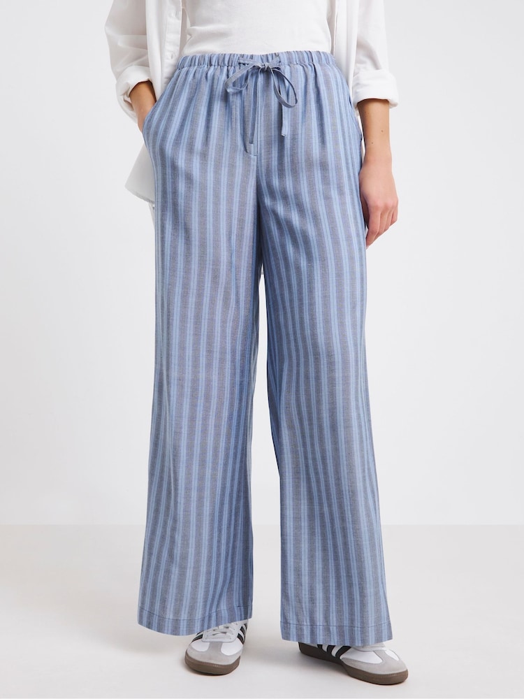 Simply Be Blue Wide Fit Tie Waist Wide Leg Trousers - Image 1 of 4
