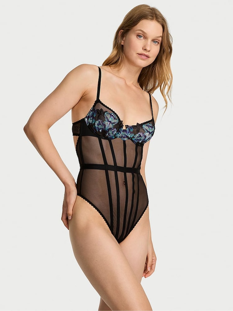 Victoria's Secret Electric Blue Orchid Embroidery Sheer Bodysuit - Image 1 of 2