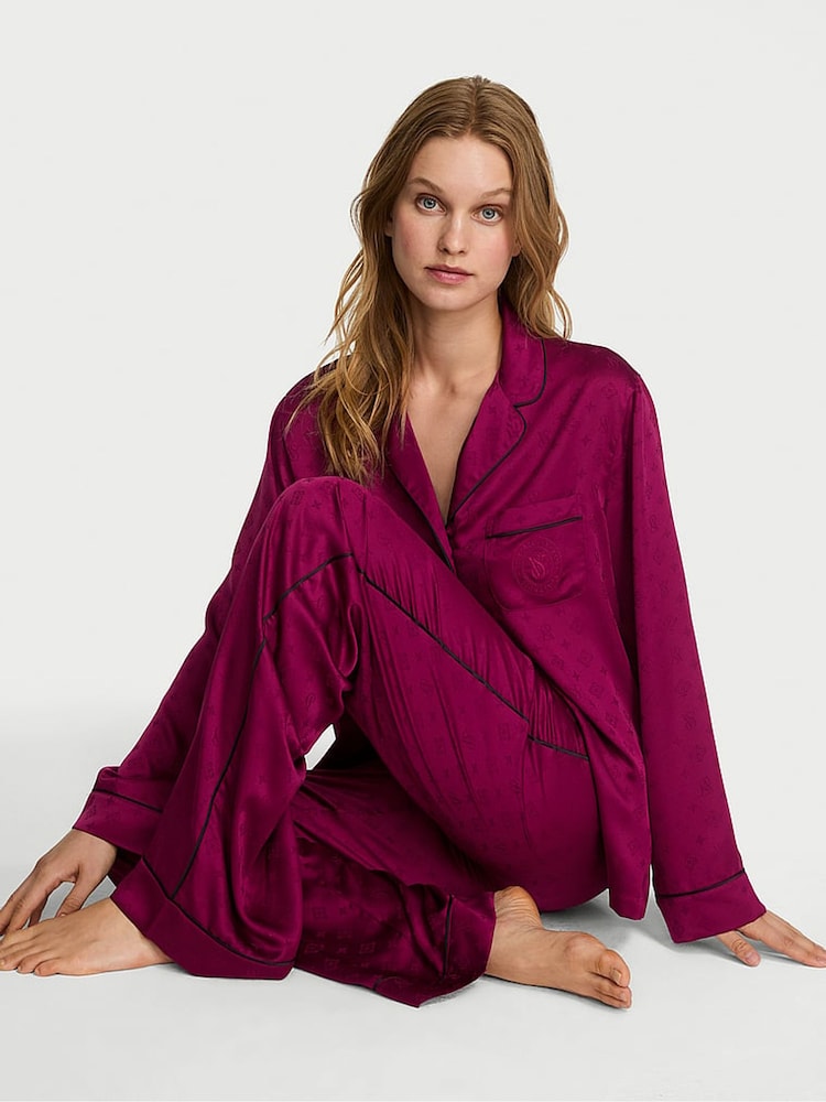 Victoria's Secret Logo Fresh Jam Jacquard Purple Satin Long Pyjamas Set - Image 1 of 2 Victoria's Secret Logo Fresh Jam Jacquard Purple Satin Long Pyjamas Set - Image 1 of 2
