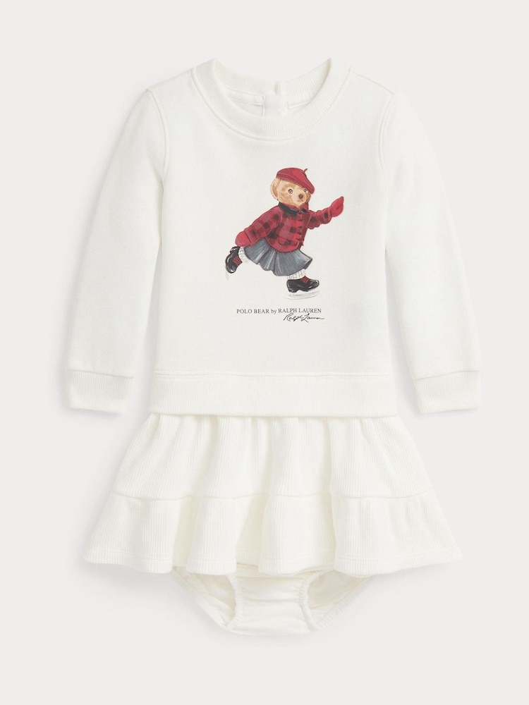 Polo Ralph Lauren Cream Girls Skate Bear Knit Pleat Dress - Image 1 of 3