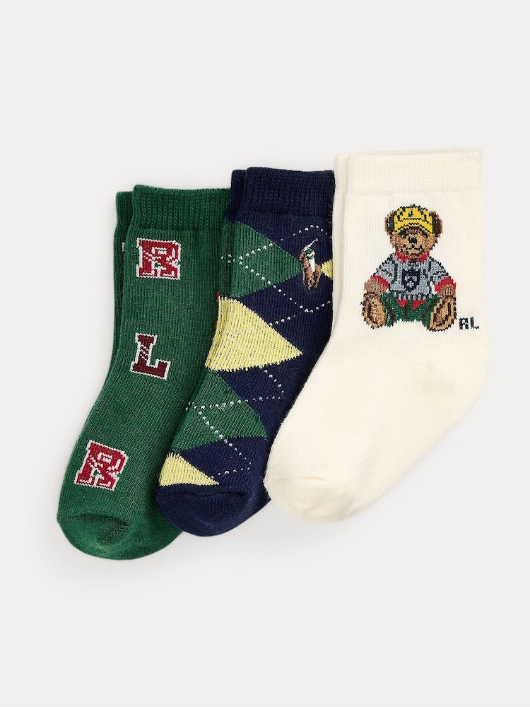 Polo Ralph Lauren Green Baby Bear Graphic Print Crew Socks 3 Pack - Image 1 of 1