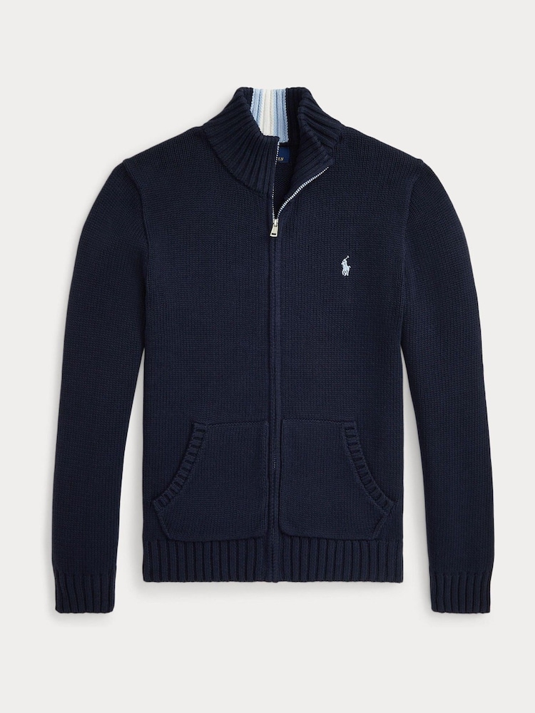 Polo Ralph Lauren Blue Boys Zip Through Mock Neck Knitted Jumper - Image 1 of 2 Polo Ralph Lauren Blue Boys Zip Through Mock Neck Knitted Jumper - Image 1 of 2