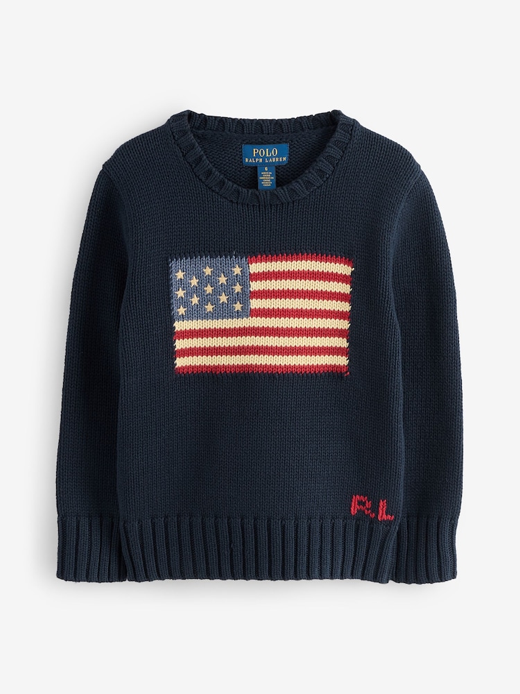Polo Ralph Lauren Blue Boys Flag Icon Knit Jumper - Image 1 of 1 Polo Ralph Lauren Blue Boys Flag Icon Knit Jumper - Image 1 of 1