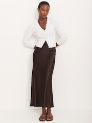 Mint Velvet Brown Satin Slip Midi Skirt - Image 1 of 7