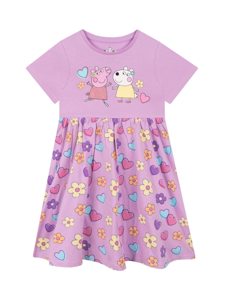 Character Purple Girls Peppa Pig Short Sleeve 100% Cotton Dress - Image 1 of 11