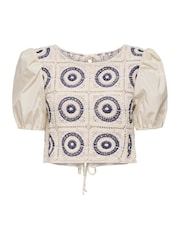ONLY Natural Crochet Puff Sleeve Tie Back Top - Image 1 of 2