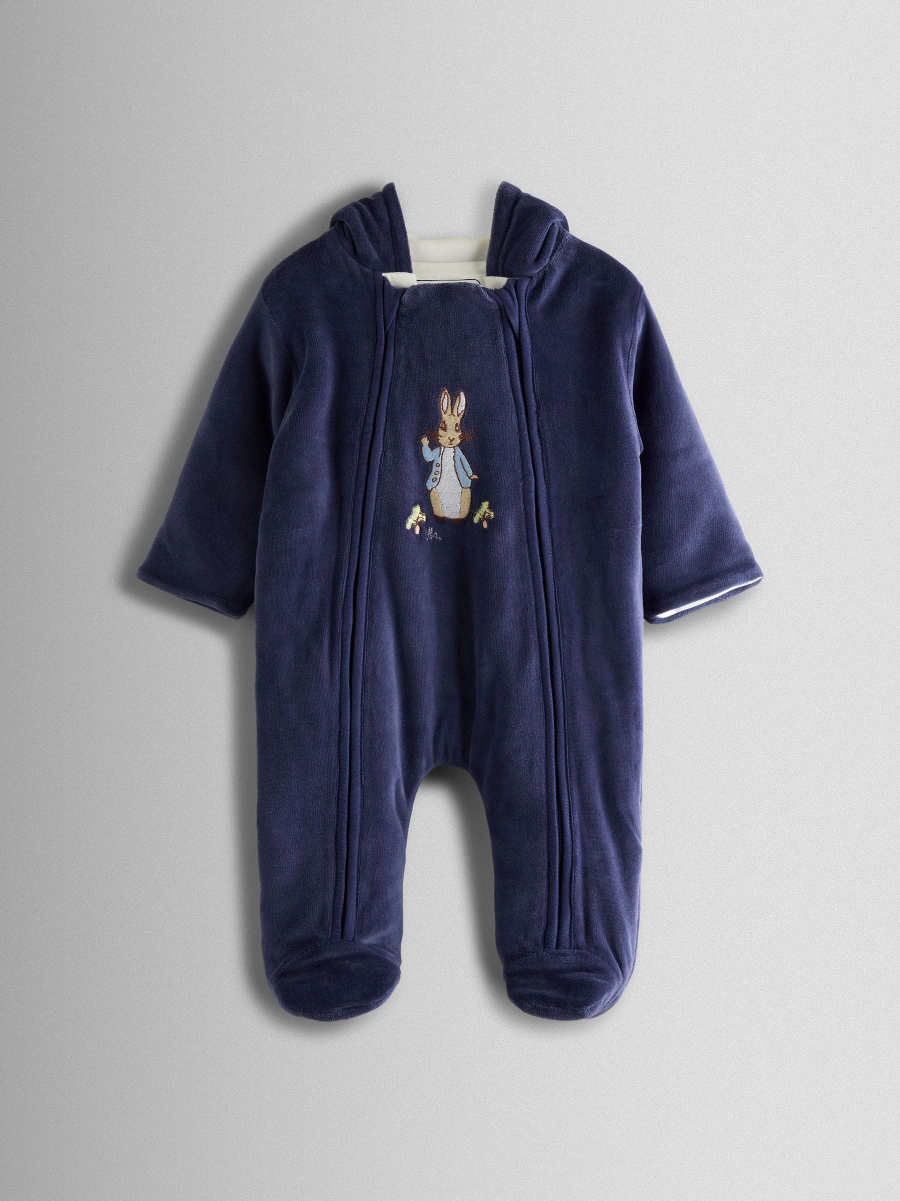 Jojo Maman Bébé Navy Peter Rabbit Velour Appliqué Pramsuit