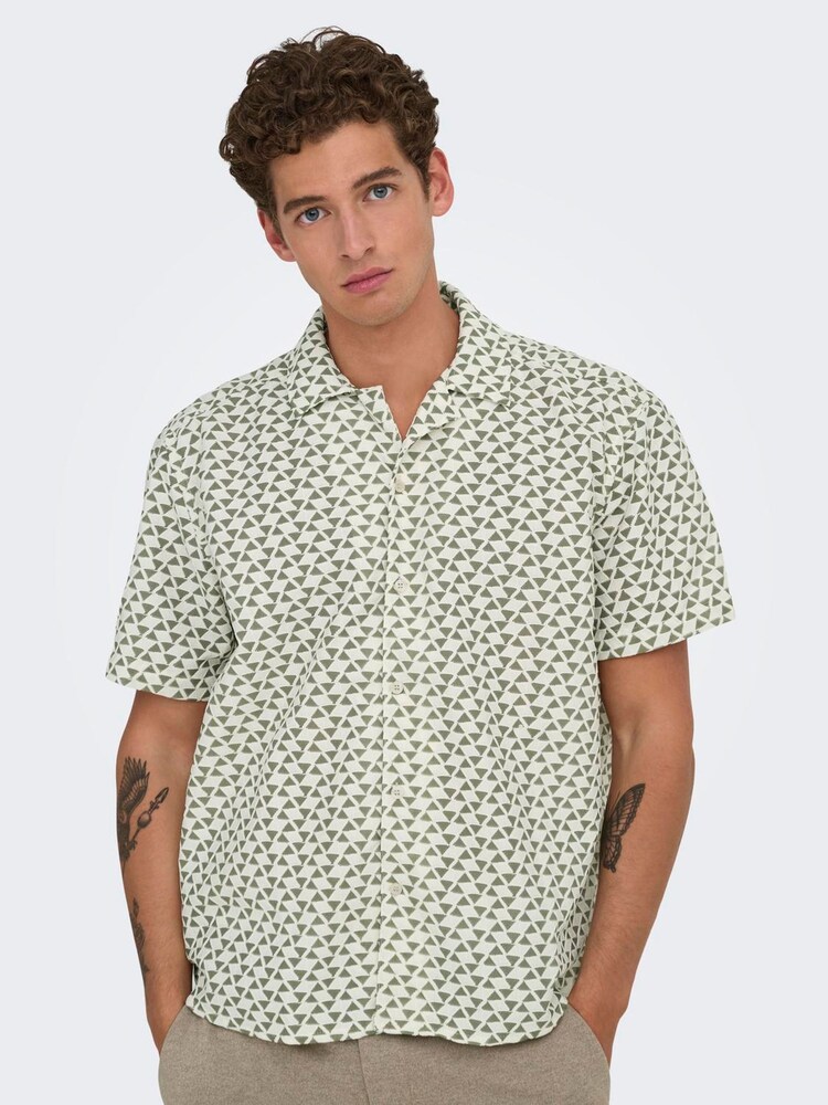 Only & Sons White Short Sleeve Patterned Resort 100% Cotton Shirt - Image 1 of 2