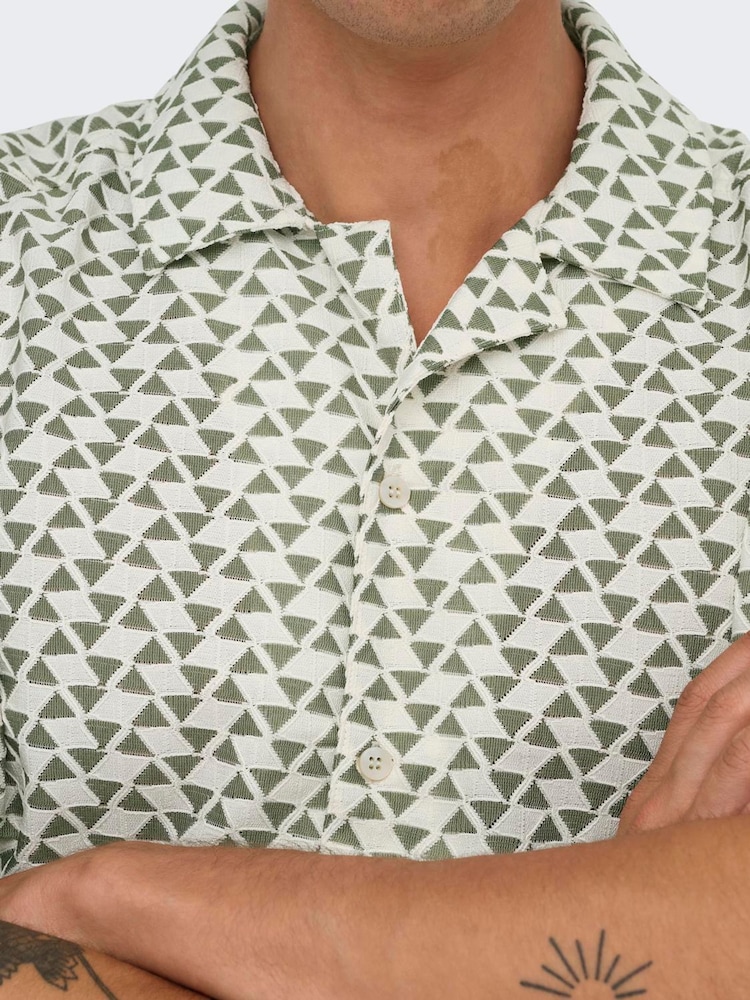 Only & Sons White Short Sleeve Patterned Resort 100% Cotton Shirt - Image 4 of 6