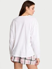 Victoria's Secret White/Pink/Black/Gold Lurex Stripe Flannel Long Sleeve Shorts Pyjamas Set - Image 2 of 4