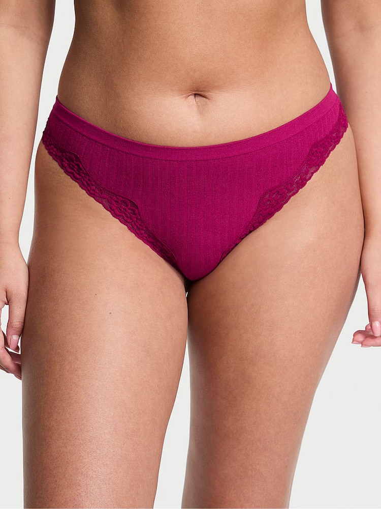 Victoria's Secret Fresh Jam Purple Thong Rib Lace Trim Knickers - Image 1 of 2