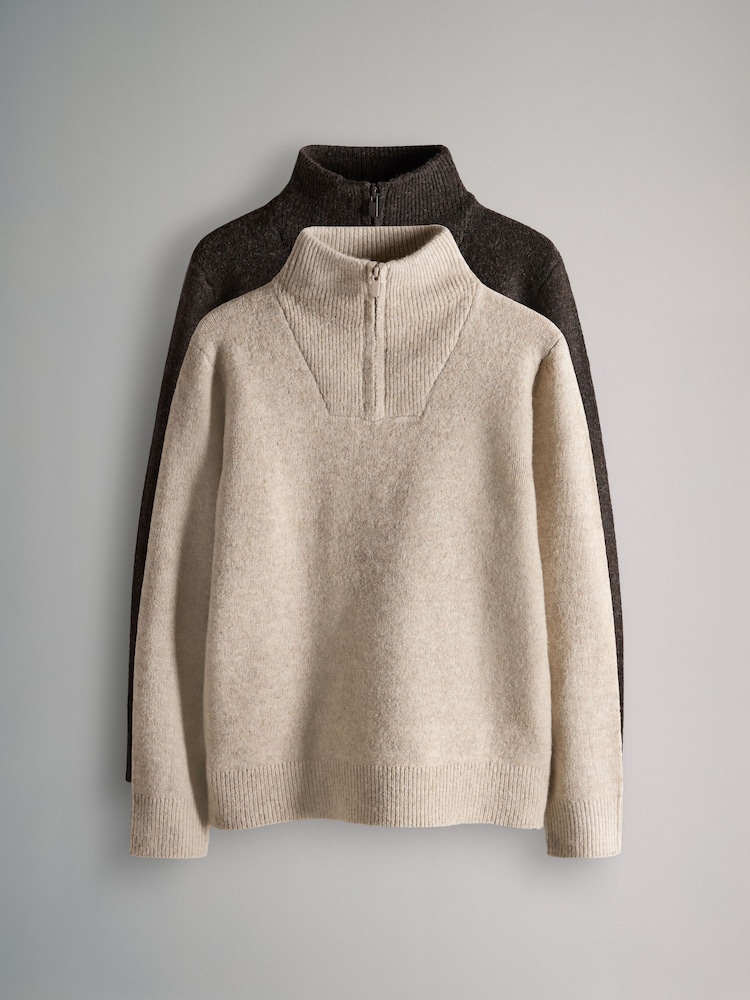 The Set Grey/Brown 2 Pack Zip Neck Knitted Jumpers - Image 1 of 5 The Set Grey/Brown 2 Pack Zip Neck Knitted Jumpers - Image 1 of 5