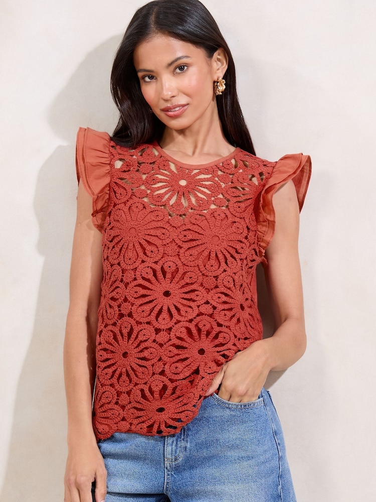 Lipsy Rust Crochet Detail Ruffle Short Sleeve Top - Image 1 of 4 Lipsy Rust Crochet Detail Ruffle Short Sleeve Top - Image 1 of 4