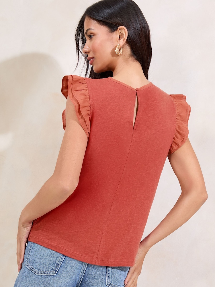 Lipsy Rust Crochet Detail Ruffle Short Sleeve Top - Image 4 of 4 Lipsy Rust Crochet Detail Ruffle Short Sleeve Top - Image 4 of 4