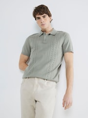 River Island Green Slim Fit Cable Knit 100% Cotton Polo Shirt - Image 2 of 4