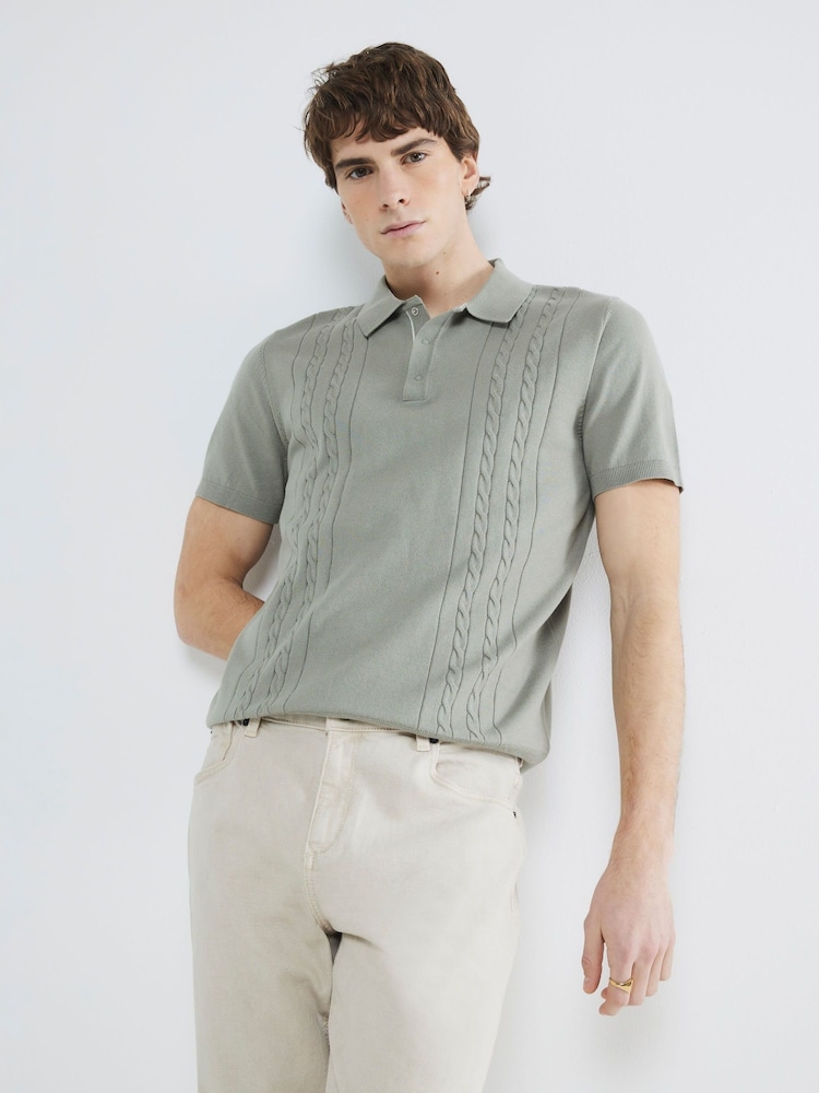 River Island Green Slim Fit Cable Knit 100% Cotton Polo Shirt - Image 2 of 4