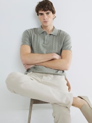 River Island Green Slim Fit Cable Knit 100% Cotton Polo Shirt - Image 3 of 4