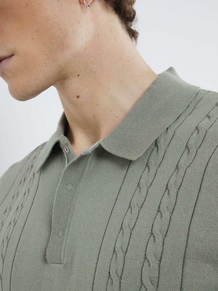 River Island Green Slim Fit Cable Knit 100% Cotton Polo Shirt - Image 4 of 4