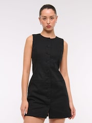 Abercrombie & Fitch Linen High Neck Buttoned Short Black Dress - Image 1 of 6