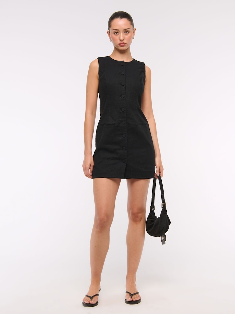 Abercrombie & Fitch Linen High Neck Buttoned Short Black Dress - Image 2 of 6
