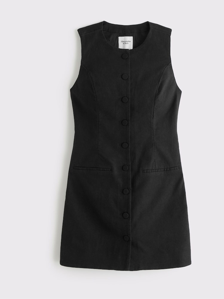 Abercrombie & Fitch Linen High Neck Buttoned Short Black Dress - Image 6 of 6