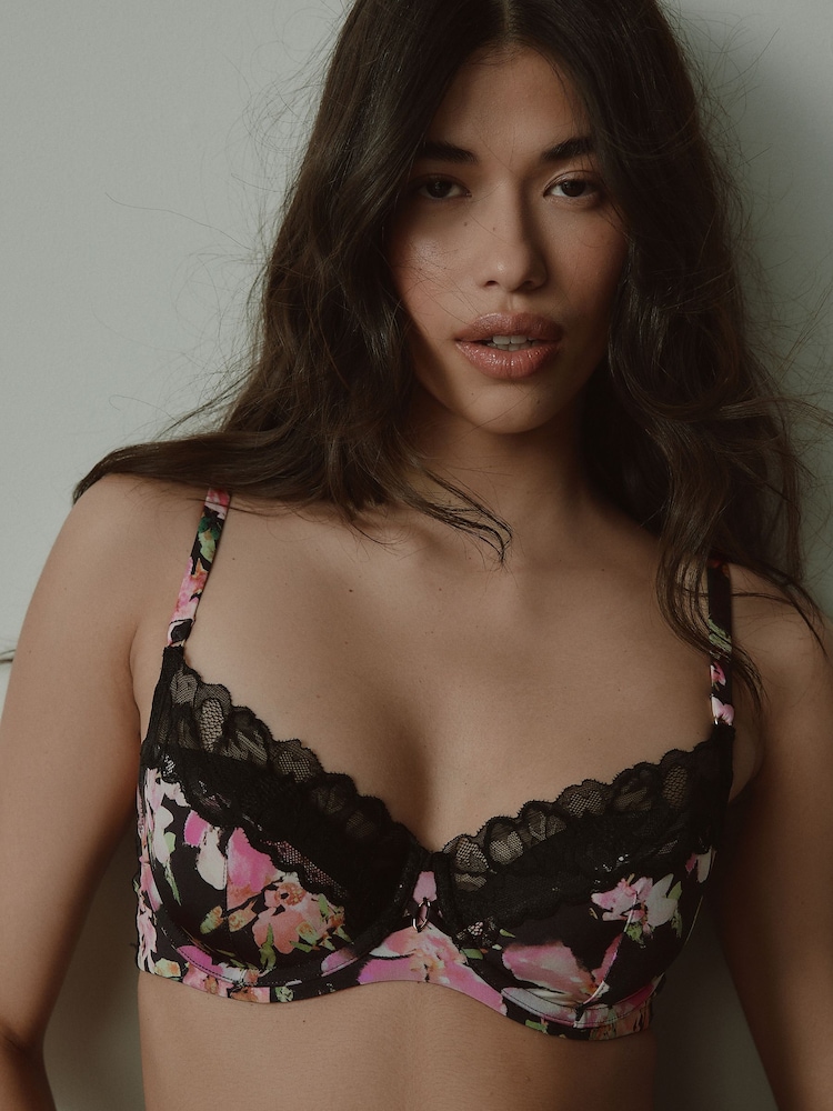 Black Floral Print & Lace Demi Pad Balcony Bra - Image 1 of 4