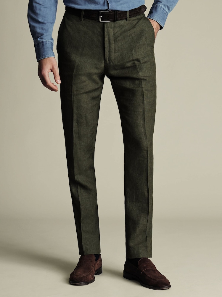 Charles Tyrwhitt Green Slim Fit Slim Fit 100% Linen Trousers - Image 1 of 5