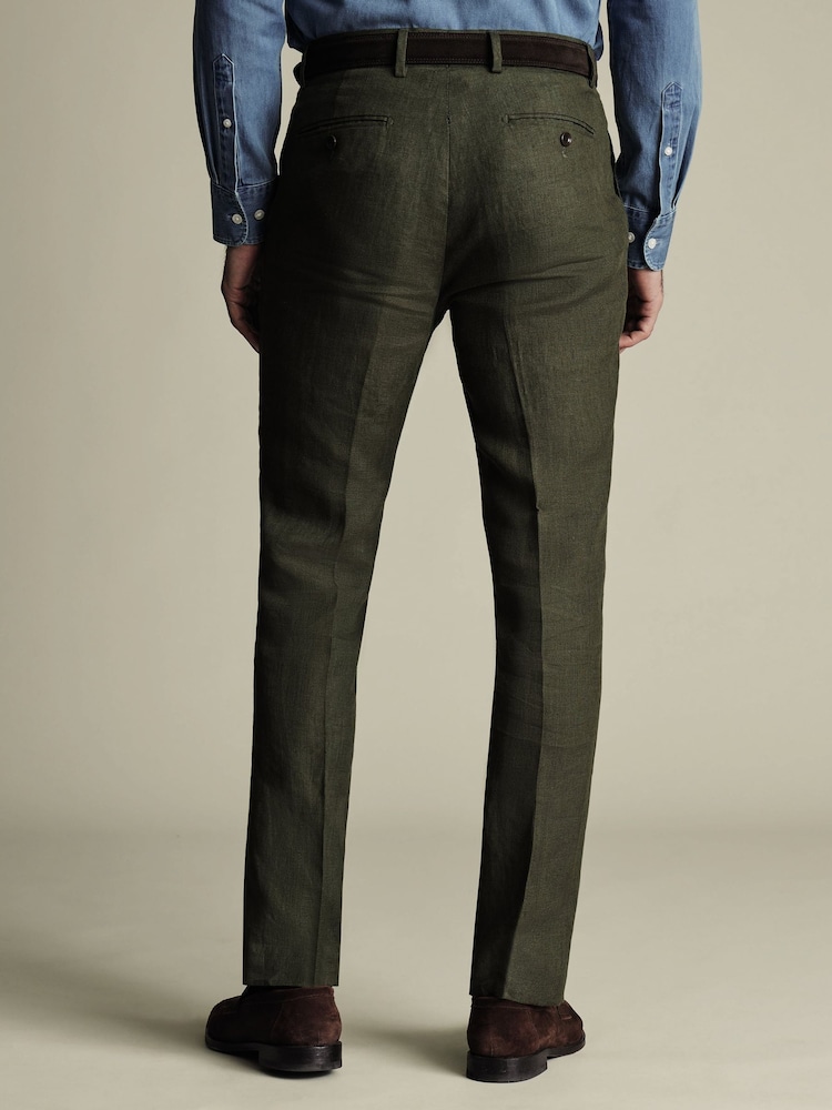 Charles Tyrwhitt Green Slim Fit Slim Fit 100% Linen Trousers - Image 2 of 5