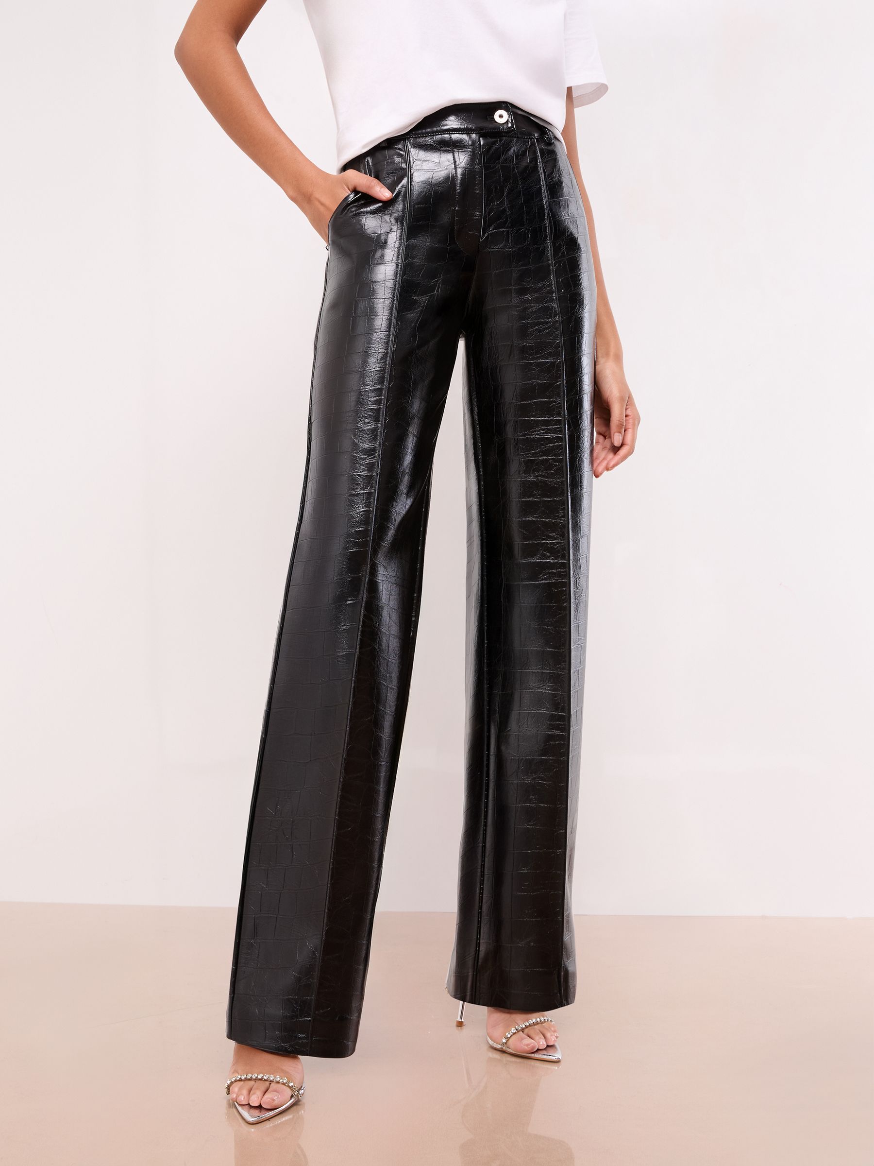 Buy Black Croc Faux Leather - Lipsy Pintuck Tailored Wide Leg