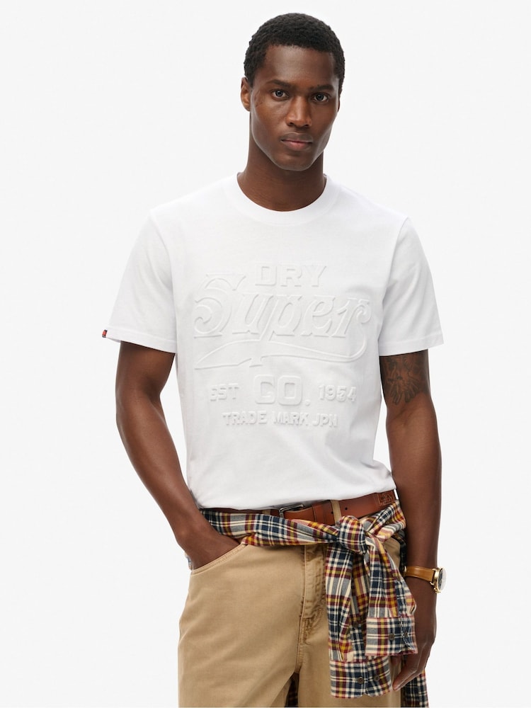 Superdry White Relaxed 100% Cotton Workwear Embossed T-Shirt - Image 1 of 4