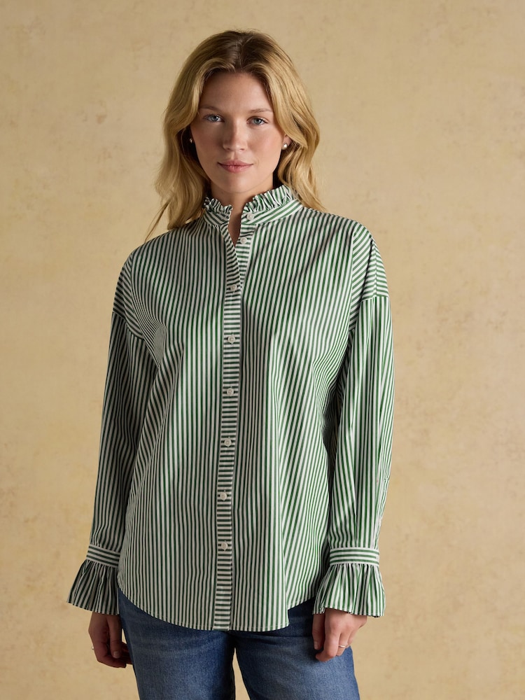 Joules Mae Green/White Frill Neck Shirt - Image 1 of 6 Joules Mae Green/White Frill Neck Shirt - Image 1 of 6