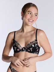 Boux Avenue Clea Floral Print Embroidered Plunge Black Bra - Image 1 of 5