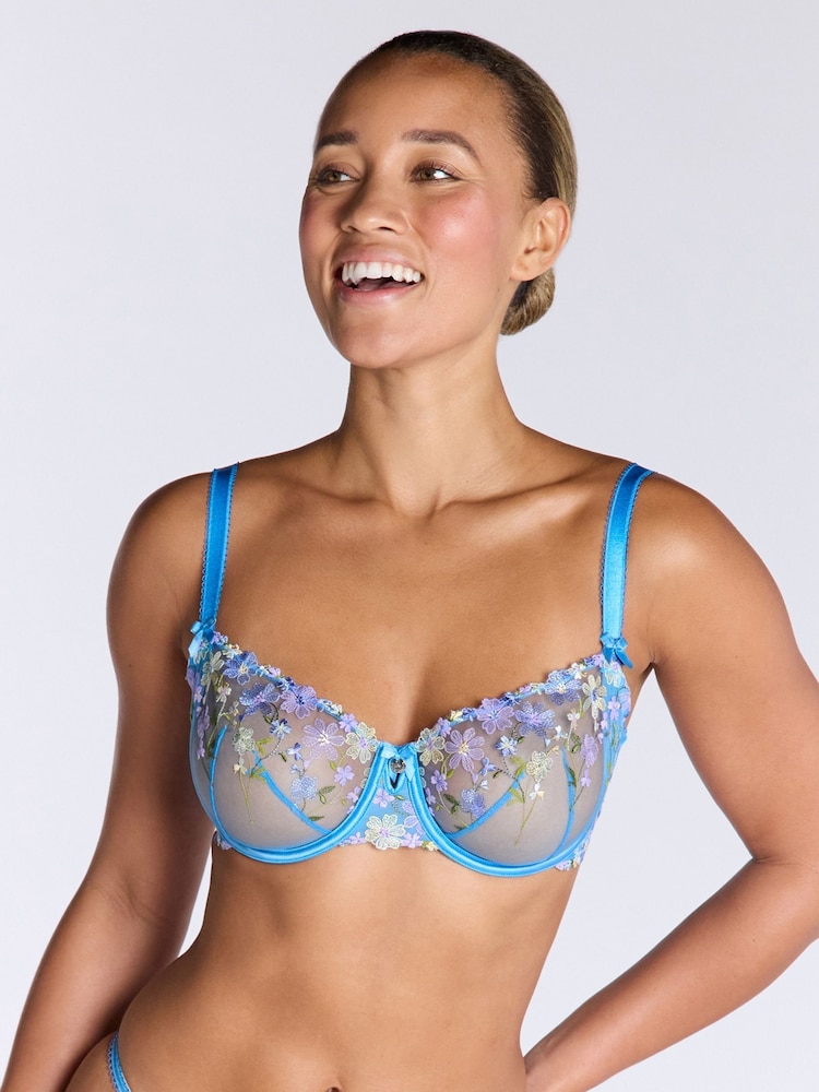 Boux Avenue Blue Fleur Sheer Unpadded Floral Print Embroidered Balconette Bra - Image 1 of 1