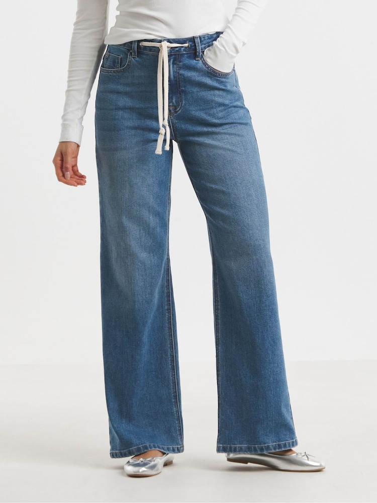 Simply Be Blue Wide Fit Tie Front Wide Leg Jeans - Image 1 of 4