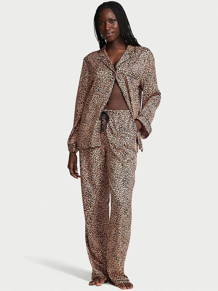 Victoria's Secret Leopard Nude Satin Long Pyjamas Set - Image 1 of 4 Victoria's Secret Leopard Nude Satin Long Pyjamas Set - Image 1 of 4