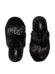 Victoria's Secret PINK Black Faux Fur Slippers - Image 1 of 2