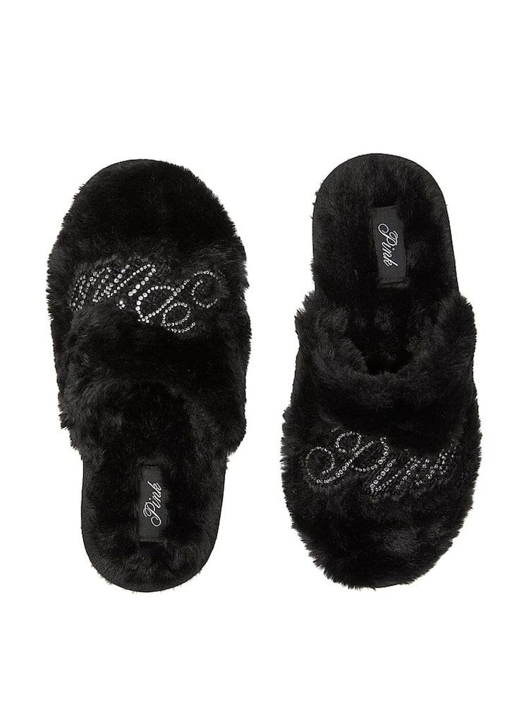 Victoria's Secret PINK Black Faux Fur Slippers - Image 1 of 2