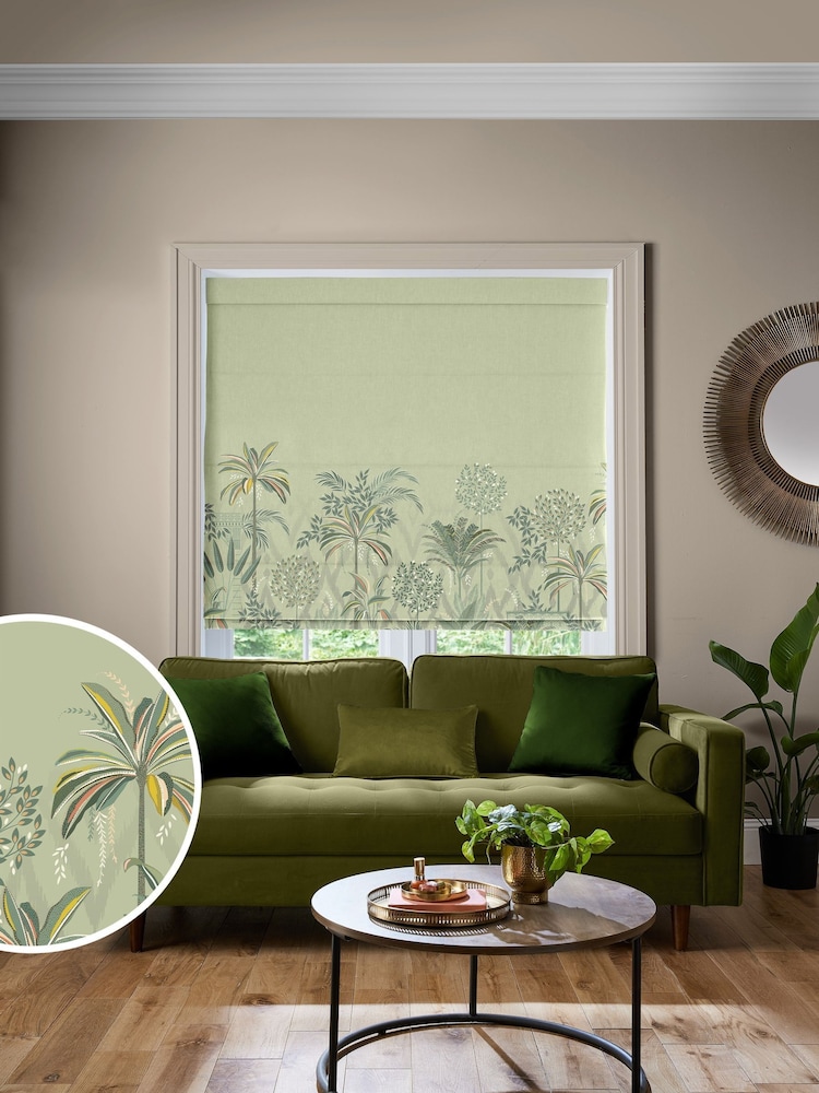 Sara Miller Soft Olive Green Palm Garden Border Made to Measure Roman Blind - Image 1 of 6