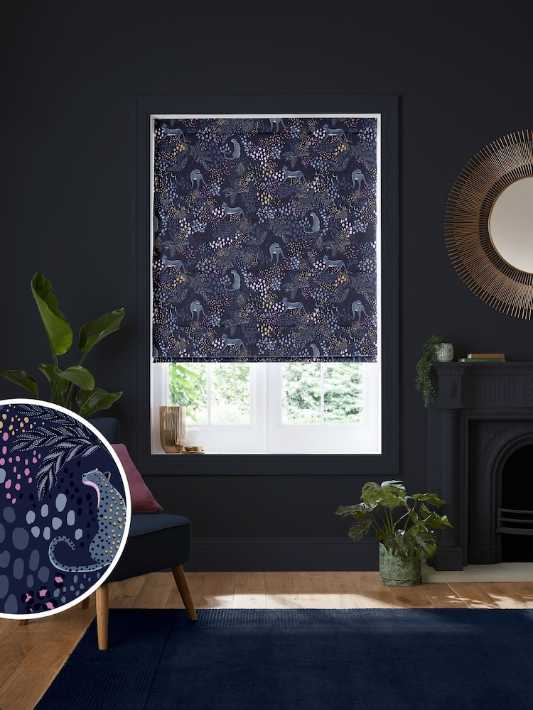 Sara Miller Midnight Blue Faux Silk Leopard Made to Measure Roman Blind - Image 1 of 6