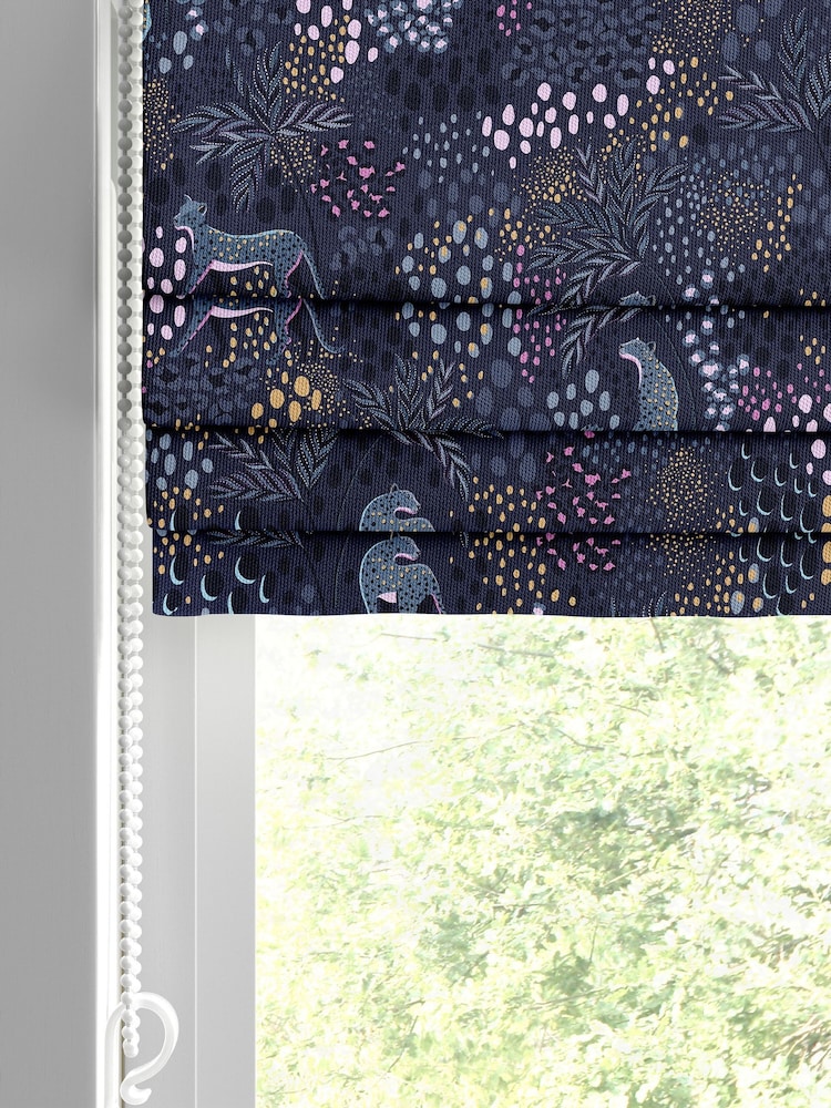 Sara Miller Midnight Blue Faux Silk Leopard Made to Measure Roman Blind - Image 2 of 6