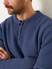 FatFace Kelbrook Blue Denim Knitted Henley Jumper - Image 4 of 6